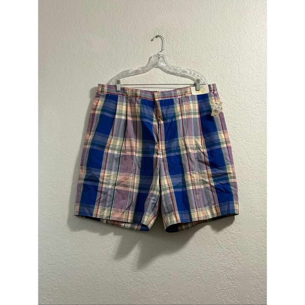 Vintage Brooks Brothers Madras Plaid Pleated Shorts Cotton Lightweight 44 blue